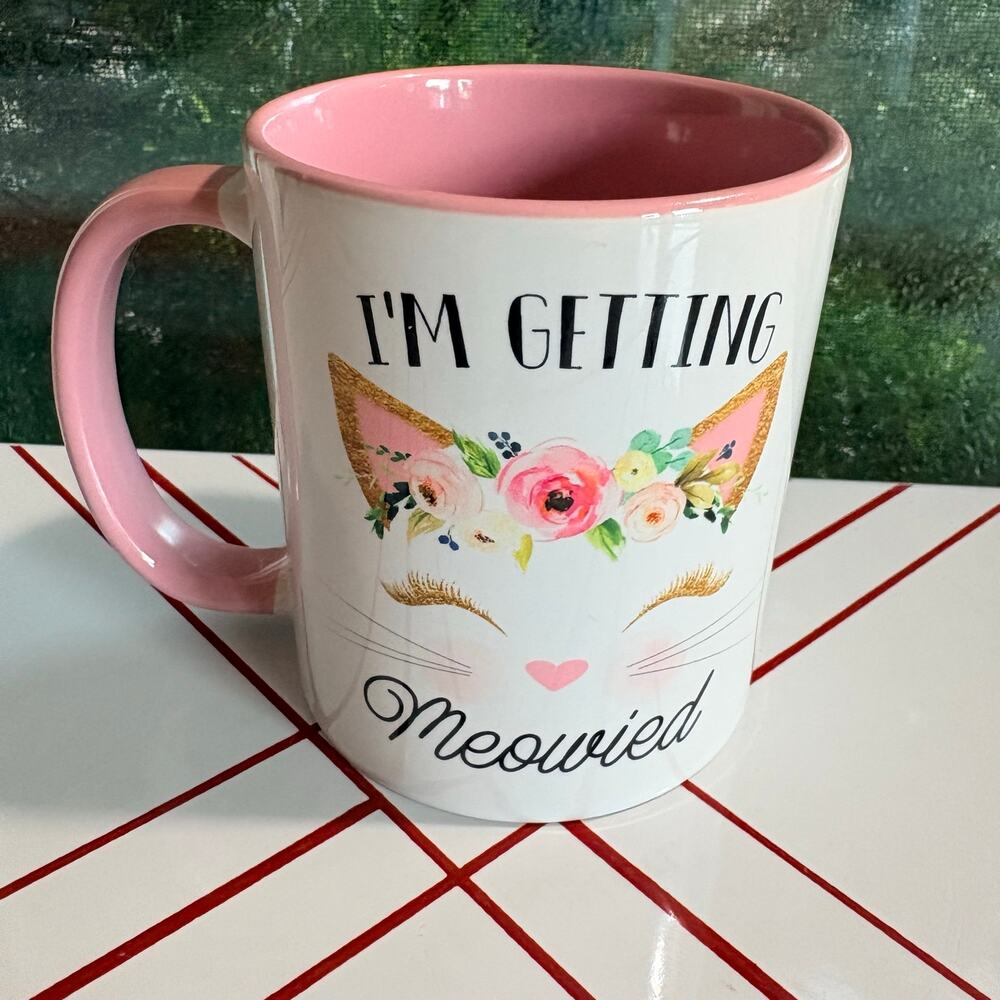 Floral Cat Mug “I’m Getting Meowied” Pink Wedding Engagement Coffee Cup